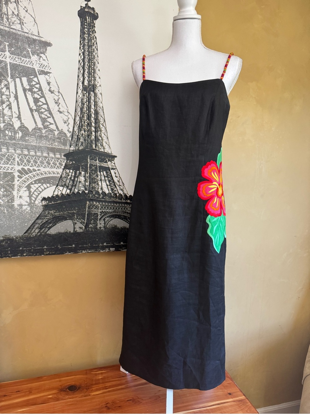 Vintage Black Linen Maxi Dress with Embroidered Floral Accent and Beaded straps